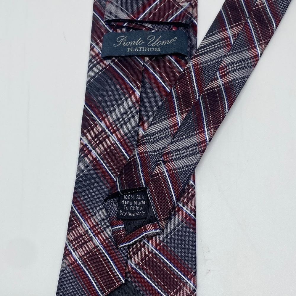 Pronto Uomo Platinum Silk Tie - Red and Gray Plaid # 0007